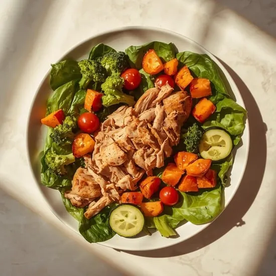 shredded chicken plate with roasted veggies salad IMG01