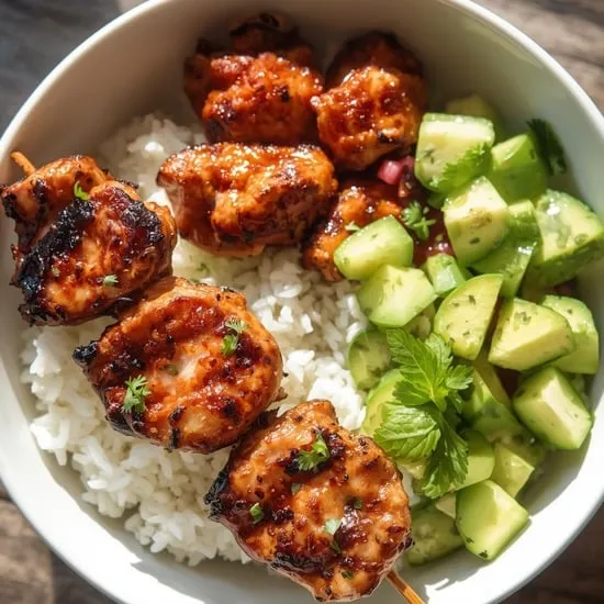 grilled chicken skewer bowl with cucumber avocado salad IMG01