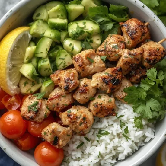 Grilled Chicken Skewer Bowl with Cucumber Avocado Salad
