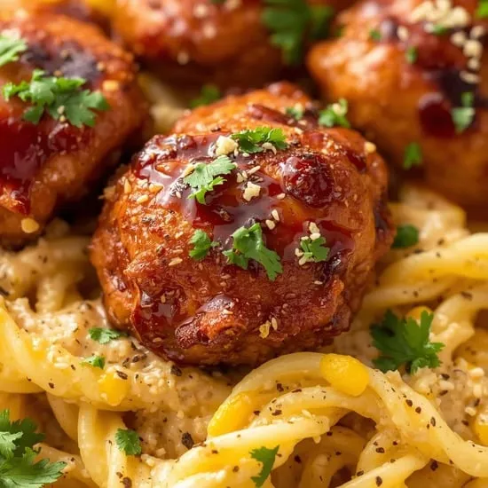 Chili Garlic Butter Chicken Bites with Creamy Cajun Corn Alfredo Twists